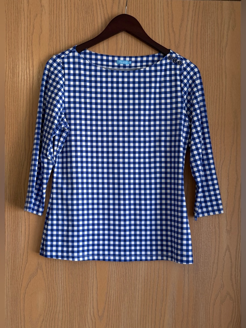 J. McLaughlin | SZ Medium | Blue White Gingham Top | 3/4 Sleeve Catalina Cloth